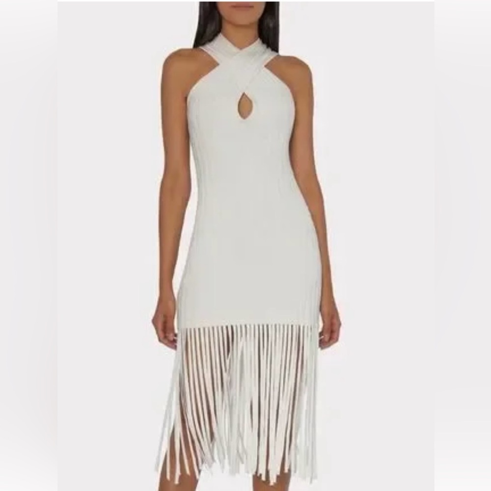 MILLY Crisscross Halter Fringe Trim Dress in white
